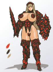 Rule 34 | 1girl, absurdres, armor, bad anatomy, bikini armor, blonde hair, blunt bangs, boots, breasts, c-string, cleavage, color guide, curvy, full body, gauntlets, gradient background, hairband, highres, huge breasts, looking at viewer, nameo (judgemasterkou), navel, original, pasties, poorly drawn, red eyes, smile, solo, spikes, standing, strapless bottom, thick thighs, thigh boots, thighhighs, thighs, weapon, wide hips