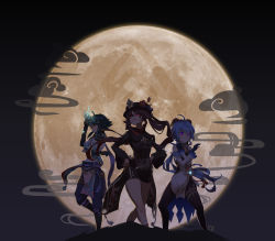 Rule 34 | 1boy, 2girls, :p, absurdres, ahoge, black bodysuit, black gloves, black hair, black shorts, blue hair, bodysuit, chinese clothes, commentary request, detached sleeves, flower, full moon, ganyu (genshin impact), genshin impact, gloves, hair between eyes, hat, hat flower, hat ornament, highres, holding, holding mask, horns, hu tao (genshin impact), jojo no kimyou na bouken, long hair, long sleeves, looking at viewer, low ponytail, mask, moon, multiple girls, night, night sky, oni mask, parody, purple eyes, qtan (cooldiao), red eyes, shade, shorts, sidelocks, sky, symbol-shaped pupils, tongue, tongue out, twintails, vision (genshin impact), wind, xiao (genshin impact)
