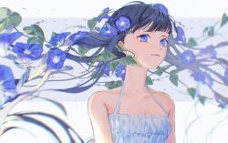 Rule 34 | 1girl, black hair, blurry, choppy bangs, closed mouth, depth of field, dress, floating hair, flower, flower-shaped pupils, grey background, hair flower, hair ornament, halter dress, halterneck, highres, leaf, long hair, looking at viewer, morning glory, original, plant, purple eyes, purple flower, sleeveless, sleeveless dress, smile, solo, symbol-shaped pupils, two-tone background, umi (umi04787030), vines, water drop, white background, white dress