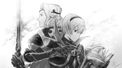 2boys amatari_sukuzakki armor back-to-back book brothers cape circlet fire_emblem fire_emblem_fates gloves greyscale highres leo_(fire_emblem) monochrome multiple_boys nintendo siblings simple_background sword weapon white_background xander_(fire_emblem)