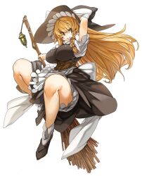 Rule 34 | 1girl, black dress, blonde hair, breasts, broom, dress, female focus, floating hair, hat, highres, holding, holding broom, kirisame marisa, large breasts, long hair, looking at viewer, matching hair/eyes, sachito, shiny skin, solo, taut clothes, thick thighs, thighs, touhou, white background, witch hat, yellow eyes