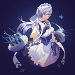 Rule 34 | 1girl, anchor, apron, arm guards, azur lane, belfast (azur lane), blue background, blue eyes, blue hair, braid, breasts, broken, broken chain, chain, character name, cleavage, closed mouth, collar, collarbone, corset, dress, elbow gloves, french braid, frilled apron, frilled dress, frills, gauntlets, gloves, half updo, hand on own chest, large breasts, long hair, looking at viewer, maid, maid apron, maid headdress, rigging, silver hair, sleeveless, sleeveless dress, smile, solo, tsurime, turret, underbust, waist apron, white apron, white gloves, white legwear, yamakawa