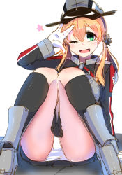 Rule 34 | 10s, 1girl, ass, blonde hair, green eyes, hat, kantai collection, long hair, looking at viewer, low twintails, one eye closed, open mouth, panties, pantyshot, prinz eugen (kancolle), salute, sitting, smile, solo, tenken (gotannda), translation request, twintails, underwear, white panties
