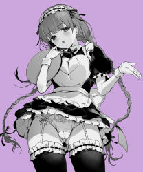 Rule 34 | 1girl, alternate costume, apron, bb (fate), blush, braid, breasts, cleavage, cleavage cutout, clothing cutout, dress, enmaided, fate/extra, fate/extra ccc, fate (series), garter straps, greyscale, hair ribbon, heart cutout, highres, large breasts, long hair, looking at viewer, maid, maid headdress, monochrome, panties, puffy short sleeves, puffy sleeves, purple background, purple theme, ribbon, short sleeves, solo, thighhighs, tray, twin braids, underwear, upskirt, very long hair, vivi (eve no hakoniwa), wrist cuffs