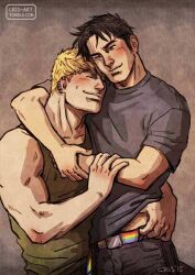 Rule 34 | 2boys, arms around neck, bad id, bad tumblr id, bara, black hair, blonde hair, blush, cheek press, clothes lift, couple, cris art, cuddling, denim, ear piercing, feet out of frame, green tank top, hand on another&#039;s arm, heads together, hulkling, jeans, lgbt pride, lifting another&#039;s clothes, male focus, marvel, midriff peek, multiple boys, navel hair, one eye closed, pants, piercing, rainbow belt, shirt lift, short hair, sideburns, tank top, thick eyebrows, toned, toned male, wiccan, yaoi
