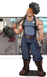 Rule 34 | 1boy, aged down, alternate costume, bara, bare arms, bare shoulders, beard, beckoning, biceps, blind, blonde hair, blue pants, chest hair, exercising, facial hair, full body, goatee, hair slicked back, highres, leather belt, male focus, medium hair, muscular, muscular male, nyaarr, overwatch, overwatch 1, pants, pectorals, reinhardt (overwatch), scar, scar across eye, scar on arm, scar on face, smile, solo, weightlifting