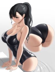 Rule 34 | 1girl, ass, black eyes, black hair, black one-piece swimsuit, breasts, cleavage, closed mouth, collarbone, cropped legs, from side, high ponytail, highres, kaminari doon, large breasts, lips, long hair, lower body, multiple views, one-piece swimsuit, original, ponytail, school swimsuit, swimsuit, wading, wavy hair