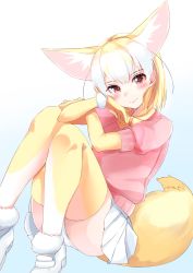 Rule 34 | 10s, 1girl, animal ear fluff, animal ears, blonde hair, blush, bow, bowtie, commentary request, crossed arms, fennec (kemono friends), fox ears, fox tail, full body, highres, kemono friends, kinou no shika, knees to chest, multicolored hair, pleated skirt, puffy short sleeves, puffy sleeves, short hair, short sleeves, sitting, skirt, solo, sweater, tail, thighhighs, white hair, zettai ryouiki