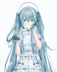 Rule 34 | 1girl, black gloves, blue eyes, blue hair, bug, butterfly, dress, expressionless, flower, flower on face, gloves, hair flower, hair ornament, hatsune miku, headphones, highres, insect, long hair, looking at viewer, murozaki melody (project sekai), project sekai, simple background, solo, twintails, upper body, very long hair, vocaloid, white background, white butterfly, white dress, zciwhdiwjsisis
