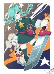 Rule 34 | 1girl, annie (skullgirls), belt pouch, blue background, boots, border, braid, eyepatch, frown, gradient background, green hair, grey background, highres, holding, holding sword, holding weapon, juliet sleeves, littlezeng, long sleeves, pouch, puffy sleeves, sagan (skullgirls), skirt, skullgirls, solo, star (symbol), stuffed animal, stuffed rabbit, stuffed toy, sword, thigh boots, twin braids, weapon, white border, yellow eyes