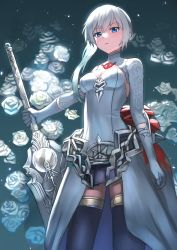 Rule 34 | 1girl, asymmetrical hair, blue eyes, blue thighhighs, blush, breasts, closed mouth, cowboy shot, dress, flower, highres, holding, holding sword, holding weapon, legs apart, long hair, looking at viewer, rose, side ponytail, sinoalice, small breasts, snow white (sinoalice), solo, standing, sword, thighhighs, tsurime, wasabi60, weapon, white dress, white flower, white rose