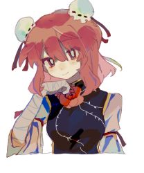 Rule 34 | 1girl, bandaged arm, bandages, breasts, bright pupils, bun cover, chinese commentary, closed mouth, commentary request, hair between eyes, highres, ibaraki kasen, medium breasts, medium hair, pink eyes, pink hair, sleeves past elbows, smile, solo, touhou, white pupils, youshouhaoxianzhe