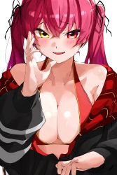 Rule 34 | 1girl, absurdres, bare shoulders, bikini, bikini under clothes, black jacket, black ribbon, blush, breasts, cleavage, collarbone, commentary request, eyelashes, eyes visible through hair, fangs, hair between eyes, hair ribbon, halterneck, hand up, heterochromia, highres, hololive, houshou marine, houshou marine (summer), jacket, large breasts, long hair, long sleeves, looking at viewer, nail polish, off shoulder, open clothes, open jacket, open mouth, red bikini, red eyes, red hair, red nails, ribbon, simple background, solo, swimsuit, tarutaru (ryousuke), tsurime, twintails, upper body, virtual youtuber, yellow eyes
