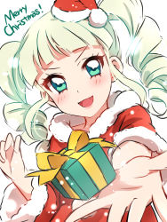 Rule 34 | &gt;:d, 10s, 1girl, :d, aikatsu!, aikatsu! (series), aikatsu stars!, aqua eyes, blunt bangs, blush, christmas, commentary request, drill hair, fang, gift, hat, highres, looking at viewer, merry christmas, mini hat, open mouth, santa costume, santa hat, sekina, short sleeves, simple background, smile, solo, todo yurika, twin drills, v-shaped eyebrows, white background, white hair