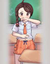 Rule 34 | 1girl, blush, braid, breast pocket, brown eyes, brown hair, chalk, chalkboard, classroom, clothes lift, collared shirt, commentary request, covering own mouth, creatures (company), desk, eyelashes, game freak, hand up, highres, indoors, juliana (pokemon), kutabireta neko, lifting own clothes, necktie, nintendo, orange necktie, orange shorts, pocket, pokemon, pokemon sv, school desk, school uniform, shirt, shirt lift, shorts, solo, wooden floor