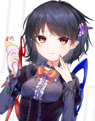 Rule 34 | 1girl, :q, adapted costume, ahoge, arms up, asymmetrical wings, black choker, black dress, black hair, blue wings, bow, bowtie, breasts, buttons, center frills, choker, commentary request, corset, crepe, dress, earrings, eating, eyelashes, fingernails, flower, food, food on face, frills, hair flower, hair ornament, highres, houjuu nue, jewelry, juliet sleeves, kisamu (ksmz), lolita fashion, long sleeves, looking at viewer, nail polish, pink nails, pointy ears, puffy sleeves, red bow, red bowtie, red eyes, red wings, short hair, small breasts, solo, standing, tissue, tongue, tongue out, touhou, upper body, v, wings, wrist cuffs