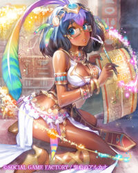 Rule 34 | 1girl, ahoge, armlet, bangle, blue eyes, blue hair, bracelet, breasts, character request, cleavage, dark skin, dark-skinned female, feathers, glasses, glyph, gradient hair, holding, jewelry, kneeling, lots of jewelry, matching hair/eyes, matsuda (matsukichi), medium breasts, multicolored hair, necklace, paper, parted lips, seikon no arcana, semi-rimless eyewear, short hair, smile, solo, watermark