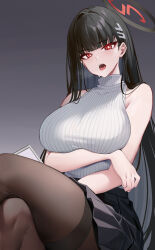 Rule 34 | 1girl, absurdres, arm under breasts, black hair, black pantyhose, blue archive, blunt bangs, blush, breasts, bright pupils, commentary, hair ornament, hairclip, halo, heavy breathing, highres, holding, holding tablet pc, kikimi, large breasts, long hair, looking at viewer, open mouth, pantyhose, red eyes, ribbed sweater, rio (blue archive), saliva, skirt, solo, steam, sweat, sweater, tablet pc, thighband pantyhose, turtleneck, turtleneck sweater, very long hair, white sweater