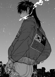 1boy 45ko american_flag american_flag_print asahi_breweries beer_can bomber_jacket building can cityscape closed_mouth denim drink_can flag_print greyscale highres holding holding_can itou_kaiji jacket jeans kaiji long_hair long_sleeves male_focus monochrome night night_sky open_clothes open_jacket pants republic_of_china_flag scar scar_on_face signature sky smoke smoking solo south_korean_flag_print star_(sky) united_nations_flag