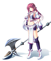 Rule 34 | 1girl, axe, blush, boots, capcom, earrings, equis (armor), feathers, full body, gloves, hairband, hand on own hip, highres, hip focus, hoop earrings, jewelry, midriff, monster hunter, monster hunter (series), monster hunter frontier, navel, orange eyes, red hair, simple background, smile, solo, tenmaso, weapon