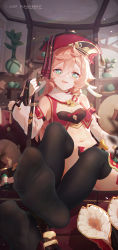 Rule 34 | 1girl, absurdres, antlers, black thighhighs, boots, breasts, ceiling, chinese commentary, commentary request, crop top, crossed ankles, detached sleeves, english text, feet, femdom, foot focus, foreshortening, genshin impact, green eyes, hair between eyes, hand up, hat, highres, holding, holding leash, horns, icecake, indoors, leash, legs up, long hair, long sleeves, looking at viewer, midriff, navel, no shoes, pink hair, plant, potted plant, pov, red hat, sitting, small breasts, soles, solo, thighhighs, tongue, tongue out, unworn boots, viewer on leash, yanfei (genshin impact)