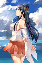 Rule 34 | 10s, 1girl, arms behind back, bare shoulders, black hair, blue sky, breasts, cloud, cloudy sky, cowboy shot, day, detached sleeves, fusou (kancolle), hair ornament, highres, hunter.g, kantai collection, large breasts, long hair, looking to the side, miniskirt, nontraditional miko, ocean, outdoors, parted lips, pleated skirt, red eyes, skirt, sky, smile, solo