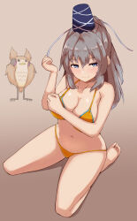 1girl bikini blue_hat blush breast_expansion breasts brown_background cleavage closed_mouth collarbone commentary_request full_body gradient_background grey_eyes grey_hair hat highres large_breasts long_hair looking_at_viewer mani_padme mononobe_no_futo navel nipples orange_bikini ponytail sitting swimsuit tate_eboshi touhou toyosatomimi_no_miko toyosatomimi_no_miko_(owl) variant_set