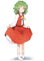 Rule 34 | 1girl, aged down, ascot, child, commentary, full body, green hair, highres, kazami yuuka, long sleeves, looking to the side, medium hair, plaid, plaid skirt, plaid vest, red eyes, red skirt, red vest, ripu (lipi), shirt, simple background, skirt, socks, solo, standing, touhou, vest, wavy hair, white background, white shirt, white socks, yellow ascot