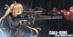 Rule 34 | 1girl, aiming, assault rifle, blonde hair, blue eyes, call of duty, covered mouth, english text, gun, hagi (ame hagi), headset, highres, long hair, long sleeves, mask, original, rain, rifle, scarf, sl-8, solo, suppressor, twintails, weapon