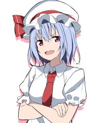 Rule 34 | 1girl, blue hair, crossed arms, hat, hat ribbon, highres, looking at viewer, medium hair, mob cap, necktie, open mouth, pink eyes, red necktie, red ribbon, remilia scarlet, ribbon, shirt, short sleeves, smile, smug, solo, touhou, to~fuya, vampire, white shirt