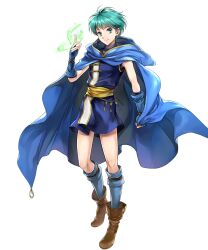 Rule 34 | 1boy, asbel (fire emblem), blue gloves, blue tunic, boots, brown footwear, cape, closed mouth, fingerless gloves, fire emblem, fire emblem: thracia 776, fire emblem heroes, full body, gloves, green eyes, green hair, highres, holding, holding cape, holding clothes, knees, looking at viewer, male focus, nintendo, short hair, smile, solo, standing, transparent background, wada sachiko