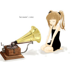 Rule 34 | bare shoulders, brown hair, cif, dress, closed eyes, fine art parody, his master&#039;s voice, idolmaster, idolmaster (classic), idolmaster 1, kneeling, parody, phonograph, solo, takatsuki yayoi, twintails