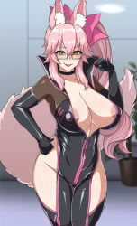 Rule 34 | 1girl, animal ear fluff, animal ears, areola slip, black bodysuit, blush, bodysuit, bow, breasts, center opening, choker, cleavage, covered erect nipples, fate/grand order, fate (series), fox ears, fox girl, fox tail, glasses, hair between eyes, hair bow, hip vent, koyanskaya (assassin) (first ascension) (fate), koyanskaya (fate), large breasts, long hair, looking at viewer, muta poo, open mouth, pink bow, pink hair, ponytail, sidelocks, smile, solo, tail, tamamo (fate), thighs, yellow eyes
