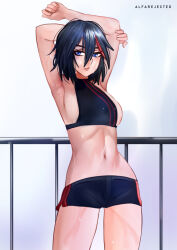 Rule 34 | 1girl, absurdres, alfarejected, armpits, arms up, bare shoulders, black hair, blue eyes, breasts, exercising, hair between eyes, highres, kill la kill, looking to the side, matoi ryuuko, medium breasts, messy, multicolored hair, navel, panties, railing, short hair, sideboob, signature, simple background, sleeveless, solo, sports bra, stomach, streaked hair, sweat, trigger (company), two-tone hair, underwear, workout clothes