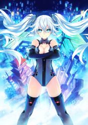 Rule 34 | &gt;:), 10s, 1girl, aqua eyes, bare shoulders, black gloves, black heart (neptunia), bodysuit, breasts, building, chou megami shinkou noire gekishin black heart, circle, cityscape, cleavage, cleavage cutout, clothing cutout, crossed arms, elbow gloves, floating hair, gloves, glowing, grey thighhighs, gunbuster pose, hair between eyes, halterneck, highres, kami jigen game neptune v, leotard, light particles, light smile, long hair, looking at viewer, magical girl, medium breasts, neptune (series), noire (neptunia), official art, power symbol, power symbol-shaped pupils, skyscraper, smile, solo, square, standing, symbol-shaped pupils, thighhighs, triangle, tsunako, turtleneck, twintails, v-shaped eyebrows, very long hair, white hair