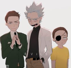 Rule 34 | brown hair, dated, eyepatch, father and son, formal, grey background, jerry smith, judy-kim-jump, lab coat, male focus, messy hair, mortimer smith, multiple boys, one eye covered, rick and morty, rick sanchez, shirt, simple background, smile, spoilers, suit, turtleneck, yellow shirt