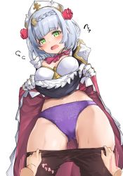 Rule 34 | 1girl, armor, assisted exposure, black legwear, blush, braid, braided bangs, breasts, clothes lift, clothes pull, embarrassed, floral print, flower, genshin impact, gloves, gluteal fold, highres, leglus, lifting own clothes, looking down, maid, medium breasts, navel, noelle (genshin impact), open mouth, panties, pantsing, pantyhose, pantyhose pull, pulling another&#039;s clothes, purple panties, red flower, red rose, rose, short hair, silver hair, simple background, skirt, skirt lift, standing, sweat, sweatdrop, underwear, white background, yellow eyes