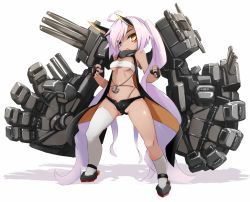 Rule 34 | 1girl, absurdly long hair, anchor, asymmetrical legwear, azur lane, bandeau, bare shoulders, black shorts, blue eyes, breasts, cannon, collar, dark-skinned female, dark skin, facepaint, fingerless gloves, full body, gloves, heterochromia, highres, horns, indianapolis (azur lane), karukan (monjya), long hair, looking at viewer, mechanical arms, medium breasts, navel, open mouth, partially visible vulva, pink hair, revealing clothes, short shorts, shorts, single mechanical arm, single thighhigh, solo, standing, thighhighs, twintails, underboob, uneven legwear, very long hair, vest, white thighhighs