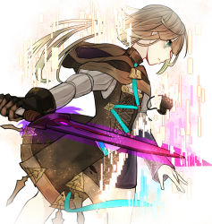 Rule 34 | 1boy, brown dress, brown gloves, brown hair, brown hood, closed mouth, dress, gloves, green eyes, gretel (sinoalice), hair between eyes, highres, holding, holding sword, holding weapon, long sleeves, looking to the side, short hair, simple background, single glove, sinoalice, solo, sword, towada-san (thank39), trap, weapon, white background