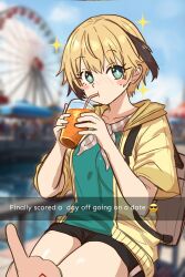 Rule 34 | 1girl, 1other, ascot, bag, black shorts, blonde hair, blush, blush stickers, breasts, command spell, cup, drinking, drinking straw, drinking straw in mouth, ebora, fate/grand order, fate (series), ferris wheel, gareth (fate), green eyes, green shirt, hair flaps, highres, holding, holding cup, jacket, large breasts, looking at viewer, pointing, shirt, short shorts, shorts, sparkling eyes, thighs, white ascot, yellow jacket