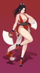 Rule 34 | 1girl, absurdres, bare shoulders, black hair, breasts, brown eyes, character name, cleavage, closed mouth, collarbone, commentary request, dual wielding, fatal fury, floral print, gloves, gradient background, hand fan, hand on own hip, high ponytail, highres, holding, japanese clothes, large breasts, leg up, legs, lips, long hair, looking at viewer, ninja, no shoes, obi, parted bangs, pelvic curtain, ponytail, purple background, red background, rekaerb maerd, revealing clothes, rope, sash, shadow, shiranui mai, signature, simple background, sleeveless, smile, solo, stirrup legwear, the king of fighters, thighs, toeless legwear, toes