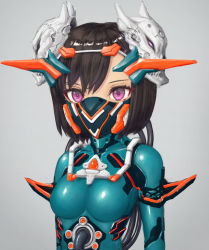 Rule 34 | 1girl, aqua bodysuit, bodysuit, breasts, brown hair, grey background, headgear, highres, looking at viewer, mask, mecha musume, mouth mask, original, purple eyes, shiny clothes, skin tight, solo, tube, yumikoyama49