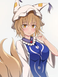 Rule 34 | 1girl, blonde hair, blue tabard, blush, brown hair, brown tail, closed mouth, commentary, dress, fox girl, fox shadow puppet, fox tail, frills, grey background, hair between eyes, hand up, hat, highres, looking at viewer, mob cap, multiple tails, rimasu71, short hair, simple background, solo, split mouth, tabard, tail, touhou, upper body, white dress, white hat, wide sleeves, yakumo ran, yellow eyes, yellow tail