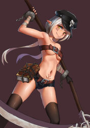 Rule 34 | 1girl, armpits, bare shoulders, belt, belt bra, black gloves, black thighhighs, book, breasts, brown background, chain, cleavage, earrings, fang, fang out, fingerless gloves, gloves, hat, highres, holding, holding weapon, jewelry, long hair, looking at viewer, navel, original, pointy ears, purple background, scythe, shiraha (pixiv10239953), shorts, silver hair, simple background, smile, solo, tattoo, thighhighs, underboob, weapon, yellow eyes