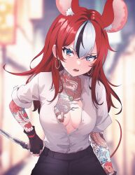 Rule 34 | 1girl, animal ears, black hair, blue eyes, breasts, cleavage, commentary, dragon tattoo, earrings, english commentary, extra ears, full-body tattoo, hakos baelz, highres, hololive, hololive english, hoop earrings, irezumi, jewelry, knife, kodachi, long hair, looking at viewer, medium breasts, mouse ears, mouse girl, mouse tail, multicolored hair, open mouth, red hair, short sword, sk jynx, streaked hair, sword, tail, tattoo, virtual youtuber, weapon, white hair, yakuza
