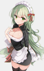 Rule 34 | 1girl, absurdres, black thighhighs, blush, breasts, cleavage, cleavage cutout, closed mouth, clothing cutout, fathom, green eyes, green hair, grey background, highres, large breasts, long hair, long sleeves, looking at viewer, maid headdress, original, simple background, smile, thighhighs, zettai ryouiki