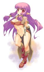 Rule 34 | 1girl, abs, bad id, bad pixiv id, boots, breasts, cleavage, covered erect nipples, elbow gloves, gloves, hair tubes, legs, long hair, mage (ragnarok online), midriff, navel, no panties, pelvic curtain, pointy ears, purple hair, ragnarok online, red eyes, solo, thighs, tsudero