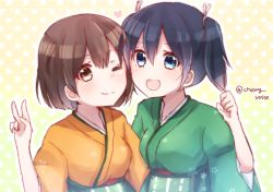 Rule 34 | 10s, 2girls, ;), black hair, blue eyes, blush, breasts, brown eyes, brown hair, cherry rosso, hiryuu (kancolle), japanese clothes, kantai collection, multiple girls, one eye closed, open mouth, personification, ribbon, short hair, side ponytail, skirt, smile, souryuu (kancolle), twintails, wide sleeves, wink