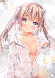 Rule 34 | 1girl, :p, bad id, bad pixiv id, bathtub, blurry, blurry background, blush, bow, breasts, brown hair, bubble, cleavage, closed mouth, collarbone, collared shirt, commentary request, depth of field, dress shirt, hair bow, hair ornament, hairclip, long hair, long sleeves, looking at viewer, medium breasts, naked shirt, original, purple eyes, rubber duck, see-through, shibainu niki, shirt, sidelocks, sleeves past wrists, smile, solo, striped, striped bow, tongue, tongue out, twintails, wet, wet clothes, wet shirt, white bow, white shirt