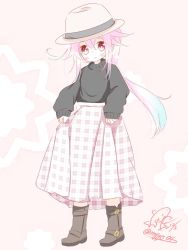 Rule 34 | 1girl, alternate costume, black sweater, blue hair, boots, brown footwear, casual, chame (myyo04), checkered clothes, checkered skirt, dated, expressionless, gradient hair, hair flaps, harusame (kancolle), hat, kantai collection, long skirt, multicolored hair, one-hour drawing challenge, pink hair, red eyes, side ponytail, signature, skirt, skirt hold, solo, sweater, traditional media, twitter username